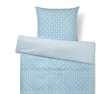 Ensemble de literie à motifs d'ancres et de rayures bleues et blanches, comprenant une taie d'oreiller et une housse de couette.