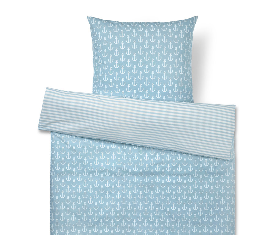 Ensemble de literie à motifs d'ancres et de rayures bleues et blanches, comprenant une taie d'oreiller et une housse de couette.