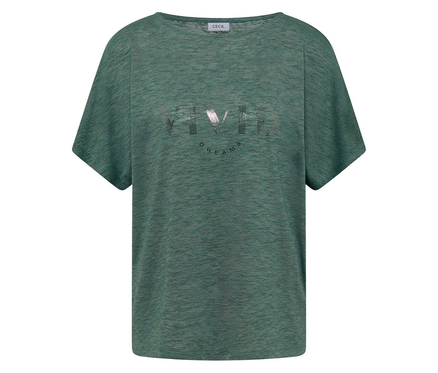 T-shirt CECIL vert avec encolure ras du cou et inscription argentée « Vivid Dreams ».