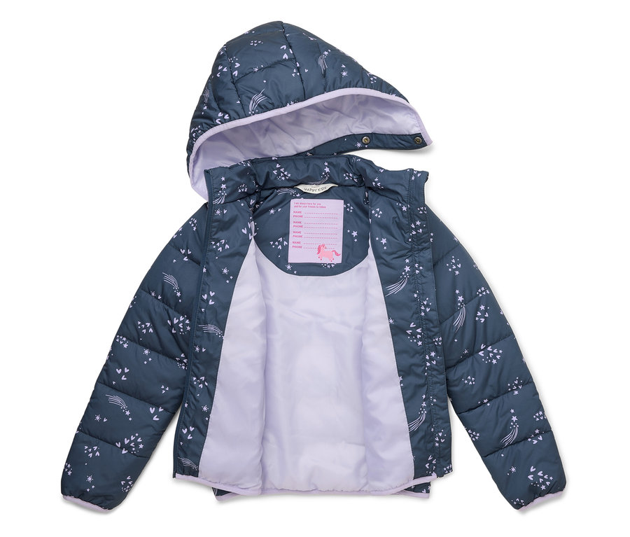 Veste ouverte bleu marine matelassée à capuche avec doublure lavande, ornée d'étoiles filantes et d'étoiles.