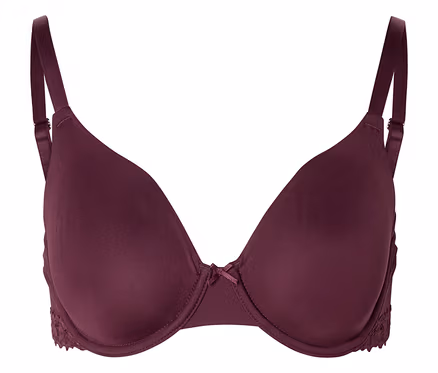 Soutien-gorge aubergine à armatures avec bretelles réglables et finitions en dentelle sur les côtés.