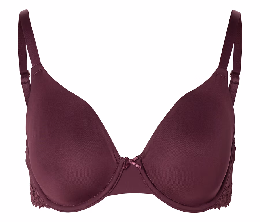 Soutien-gorge aubergine à armatures avec bretelles réglables et finitions en dentelle sur les côtés.