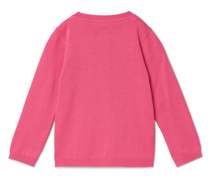 Vue arrière d'un pull en tricot rose à manches longues.