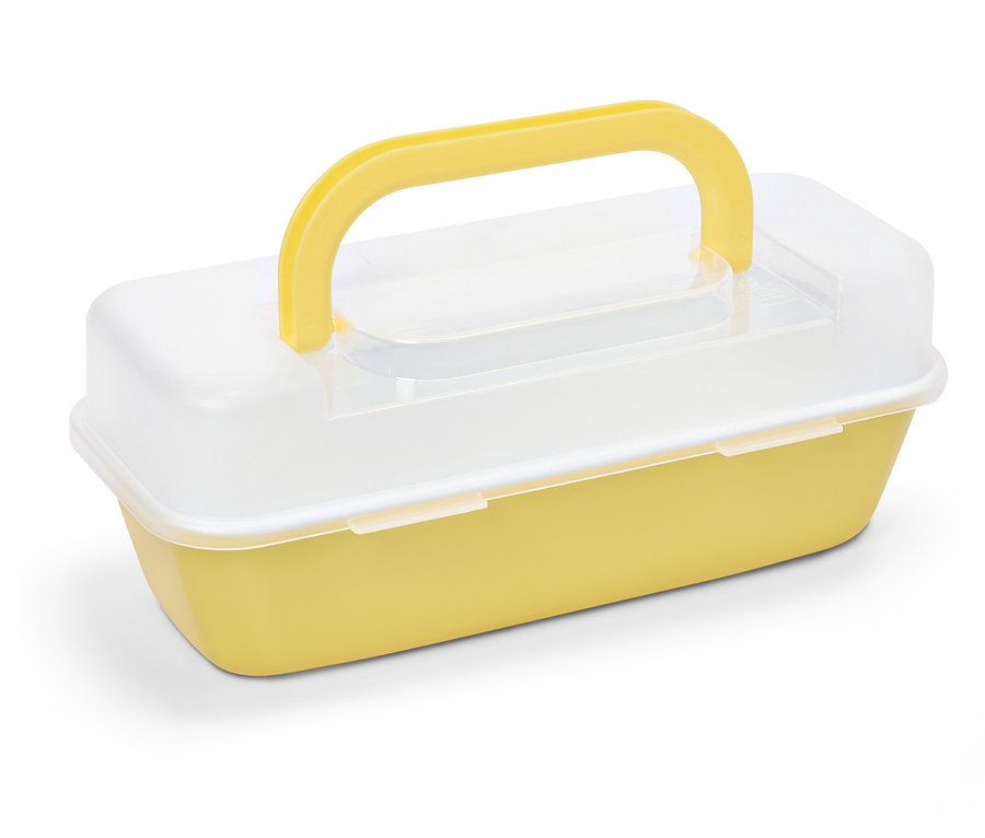Boîte de rangement jaune avec couvercle transparent et poignée jaune.