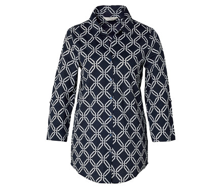 Blouse en jersey piqué, imprimé intégral bleu foncé-blanc