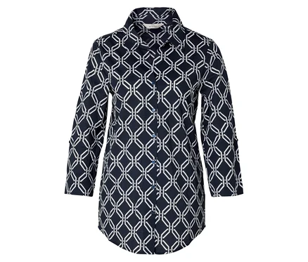 Blouse en jersey piqué avec un imprimé intégral bleu foncé et blanc.