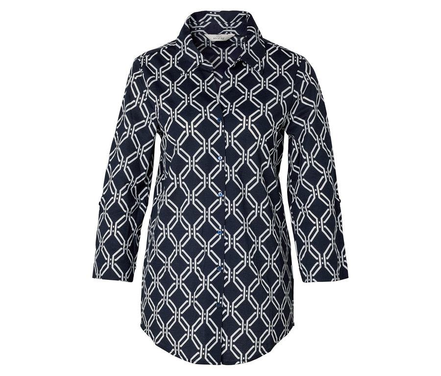 Blouse en jersey piqué avec un imprimé intégral bleu foncé et blanc.