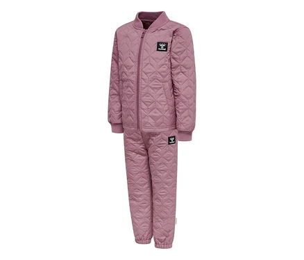 Ensemble thermique matelassé rose hummel® HMLSOBI avec veste et pantalon, tous deux à motif losanges et bords-côtes.