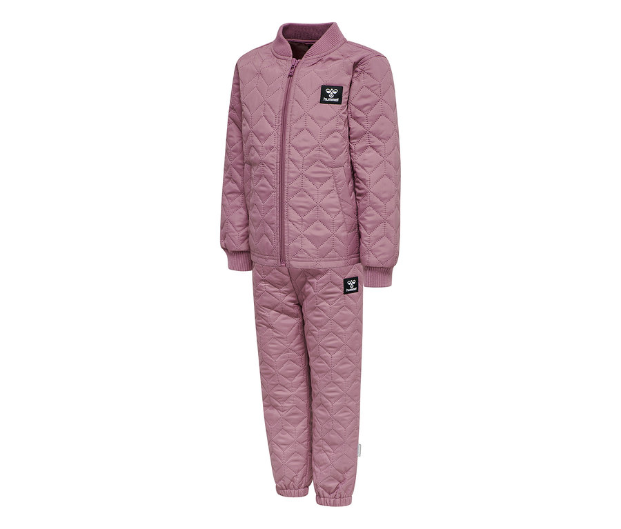 Ensemble thermique matelassé rose hummel® HMLSOBI avec veste et pantalon, tous deux à motif losanges et bords-côtes.