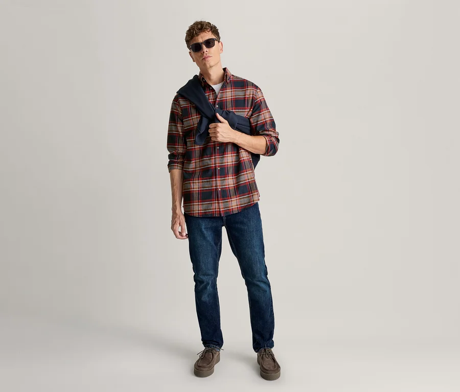 Un homme debout porte une chemise à carreaux rouge, noire et beige, un jean foncé, des chaussures marron, des lunettes de soleil et un pull bleu marine drapé sur son épaule.