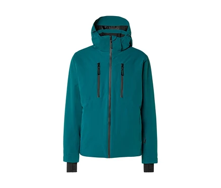 Veste à capuche turquoise avec une fermeture éclair principale, deux fermetures éclair verticales sur la poitrine et des poignets noirs, sur fond blanc.
