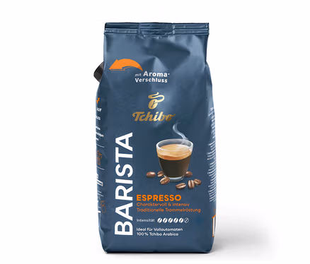 Un paquet de café Tchibo Barista Espresso. Sur le paquet, il y a une tasse d'espresso et le texte "ESPRESSO".