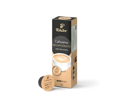 Une boîte de Cafissimo Decaffeinato - décaféiné - 10 capsules à côté d'une seule capsule.
