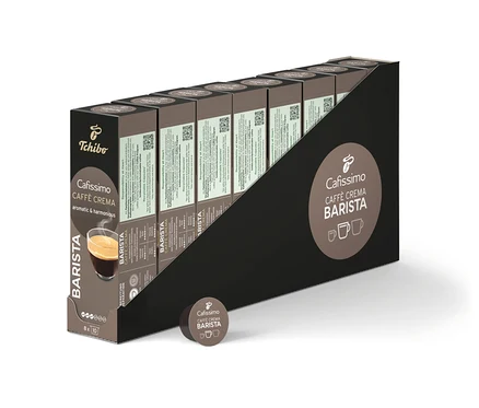 Une rangée d'emballages de capsules de café Cafissimo BARISTA Caffè Crema.