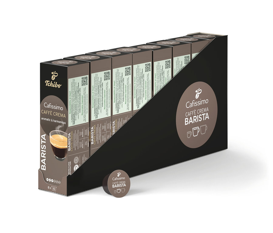 Une rangée d'emballages de capsules de café Cafissimo BARISTA Caffè Crema.