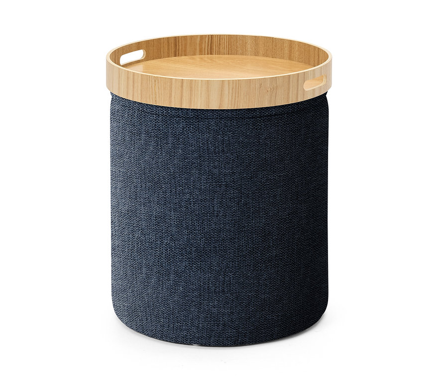 Tabouret de rangement cylindrique bleu foncé avec un plateau en bois clair muni de poignées.