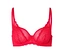 Soutien-gorge rouge à armatures avec bretelles rouges et dentelle sur fond blanc.