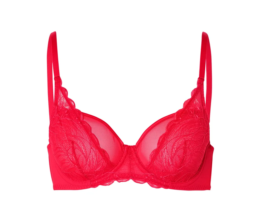 Soutien-gorge rouge à armatures avec bretelles rouges et dentelle sur fond blanc.