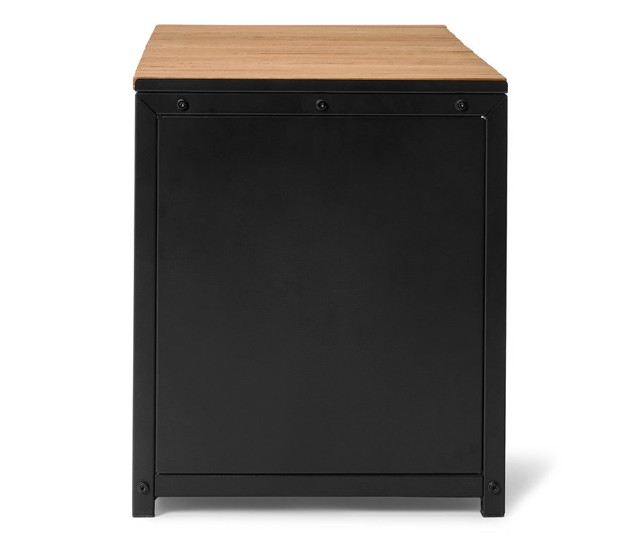 Buffet noir avec plateau en bois et cadre en métal.