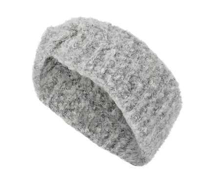 Bandeau gris duveteux en tissu bouclé sur fond blanc.