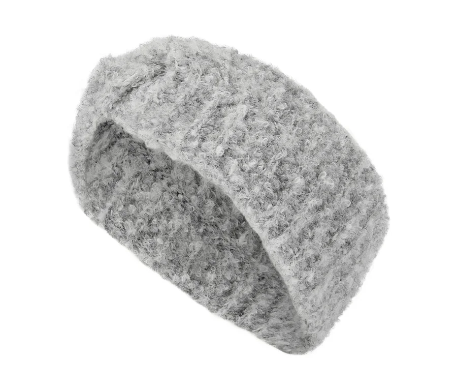 Bandeau gris duveteux en tissu bouclé sur fond blanc.