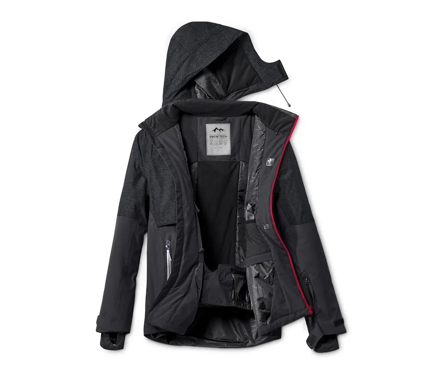 Veste de ski « High-End » ouverte en noir avec capuche.