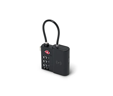 Cadenas intelligent TSA noir avec tracker, code numérique et câble flexible.
