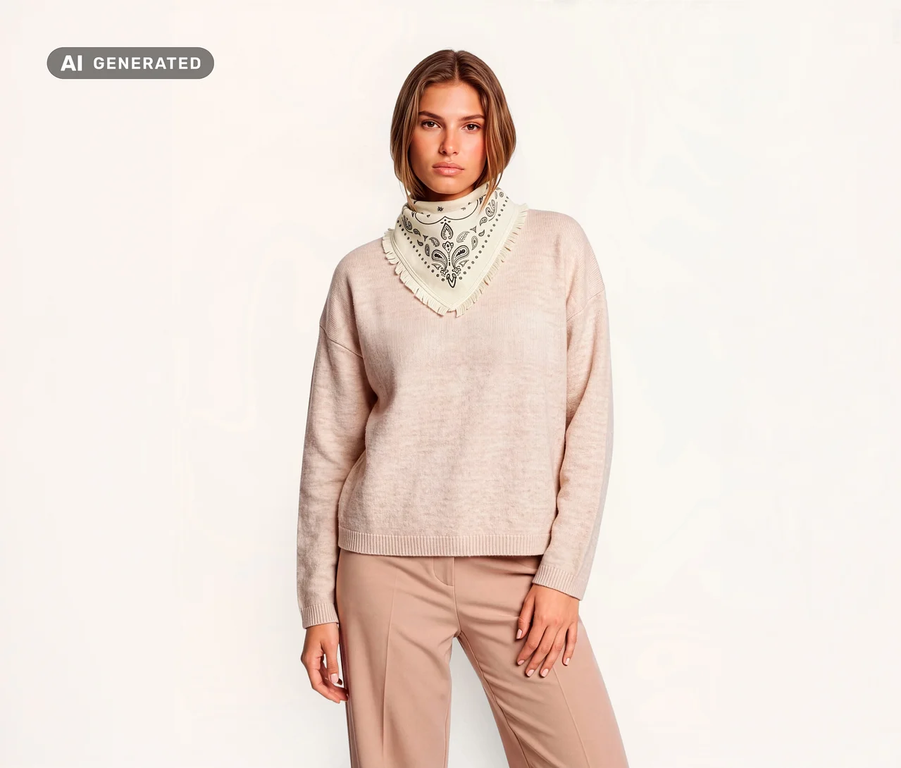 Une femme porte un pull rose clair, un pantalon marron clair et un bandana tricoté en laine et cachemire de couleur crème autour du cou, orné d'un motif cachemire noir et d'un bord frangé.