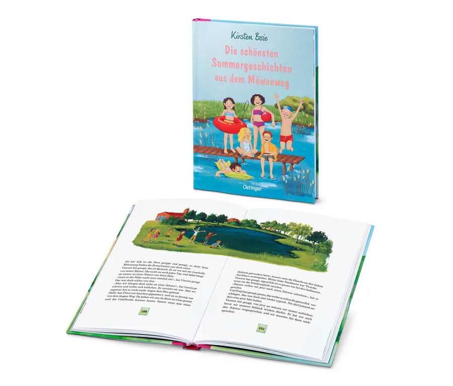 Un livre ouvert et le livre « Die schönsten Sommergeschichten aus dem Möwenweg » sont posés l'un sur l'autre.
