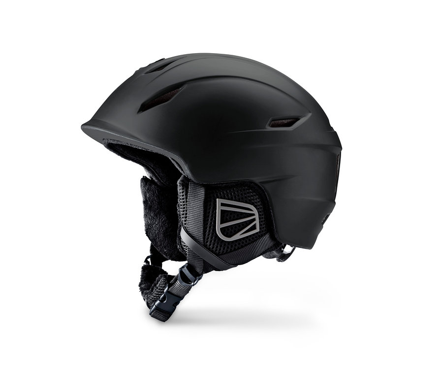 Casque de ski et snowboard In-Mould noir sur fond blanc.