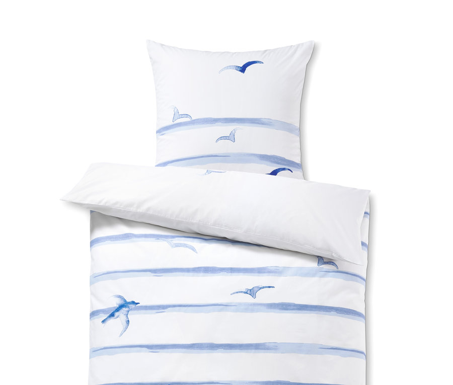 Parure de lit en percale blanche taille normale avec rayures bleues et motif d'oiseaux.