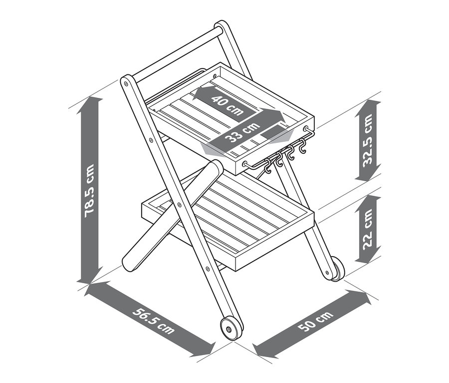 Schéma d'un petit chariot pour barbecue « Lenja » avec dimensions.