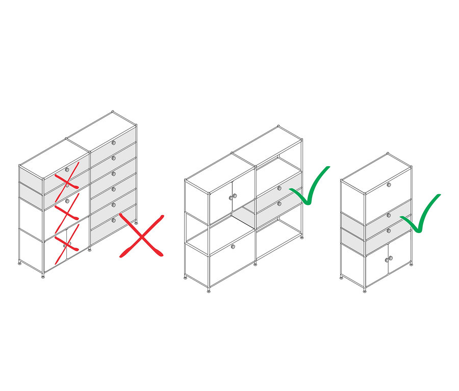 Schéma de trois systèmes d'étagères avec différentes configurations de tiroirs marqués par des coches vertes ou des croix rouges. Sont présentés des lots de tiroirs supplémentaires en métal « CN3 » en blanc, gris et noir.