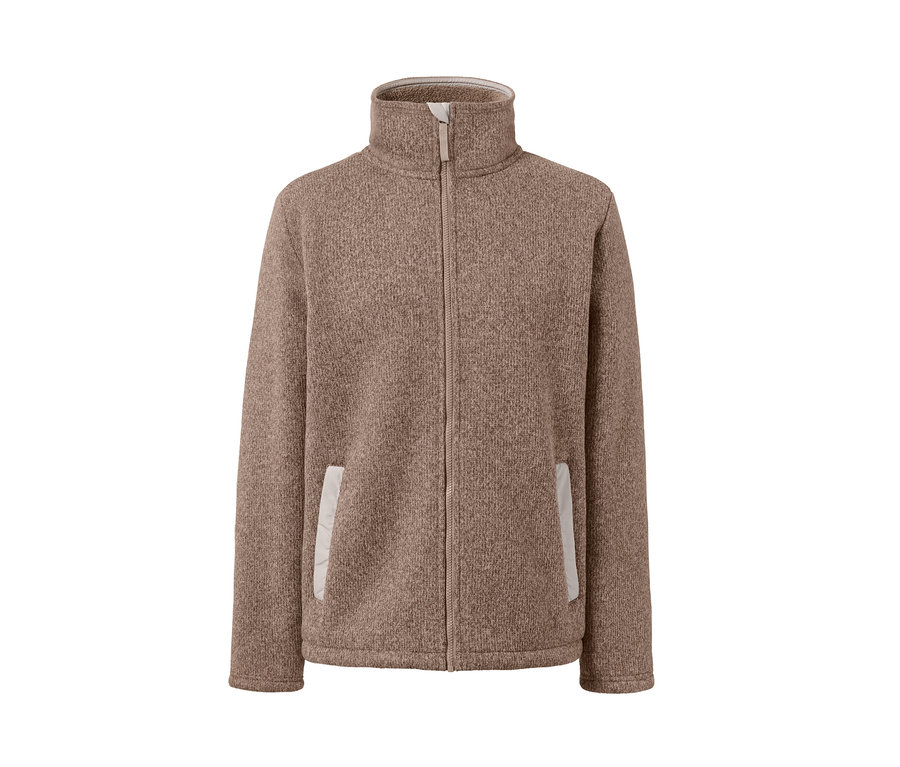 Une jaquette en matière polaire tricotée thermique marron avec une fermeture éclair au centre.