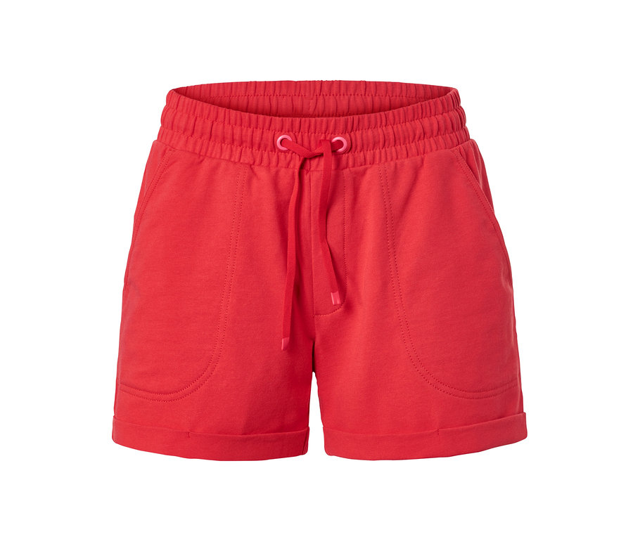 Short molletonné rouge avec taille élastique et cordon de serrage.