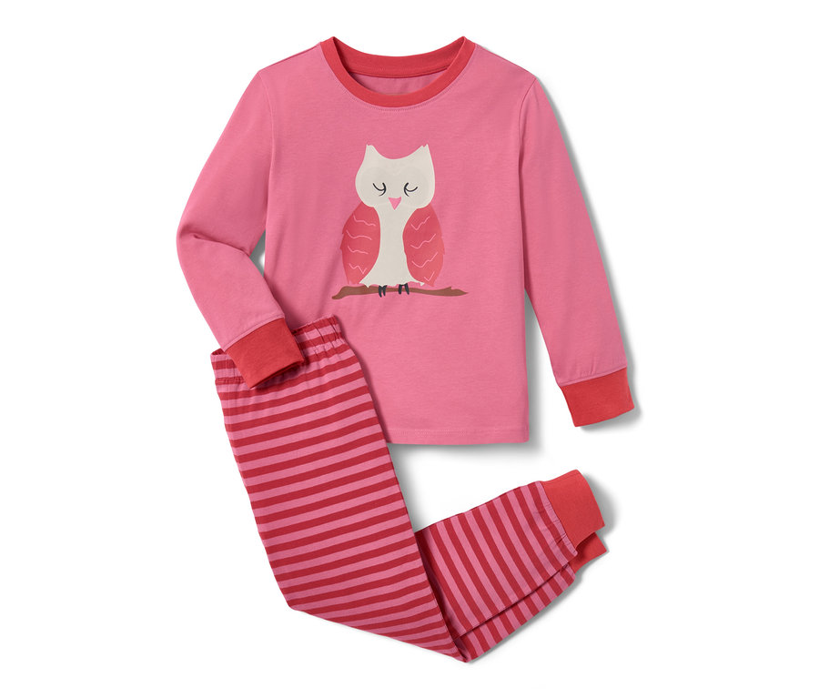Pyjama rose et rouge à manches longues avec un motif de hibou et un pantalon rayé.