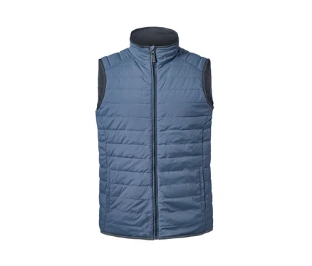 Gilet matelassé et réversible bleu avec fermeture éclair noire.