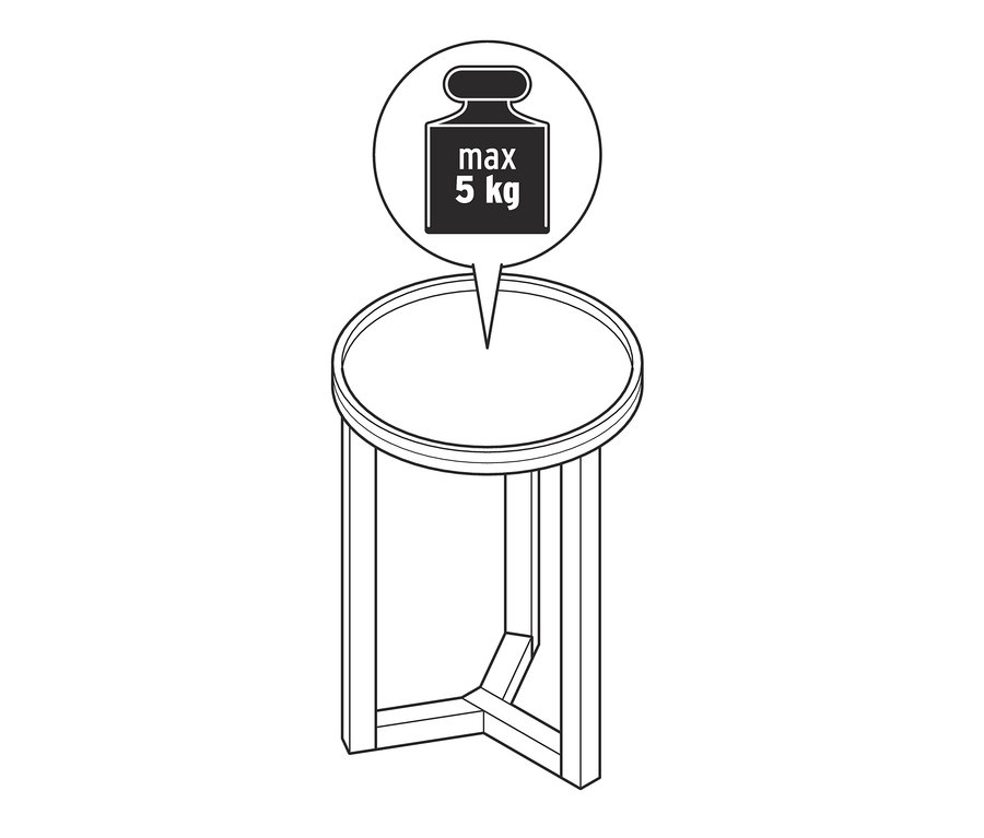 Illustration en noir et blanc d'une table d'appoint ronde avec la mention "max 5 kg".