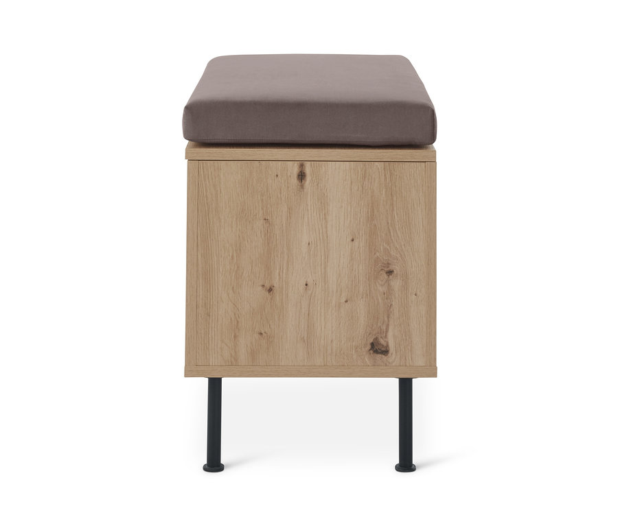 Un banc avec compartiment de rangement et un coussin marron.