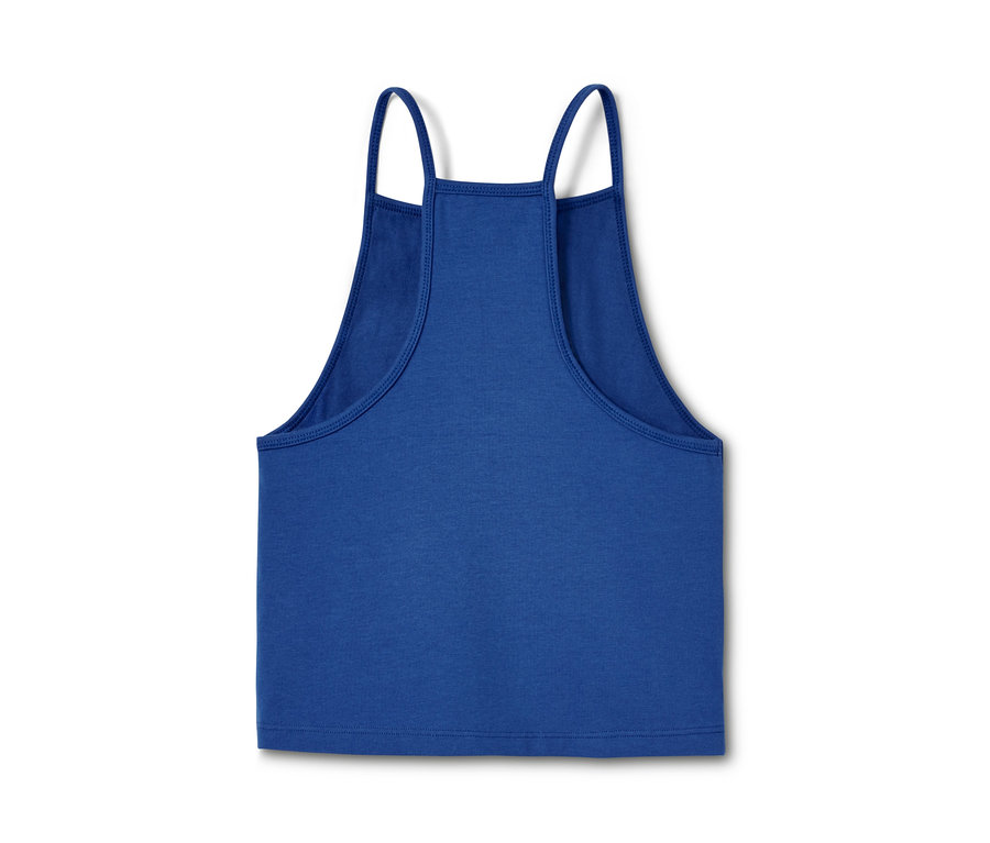 Gros plan d'un des 2 hauts en coton bio bleu.