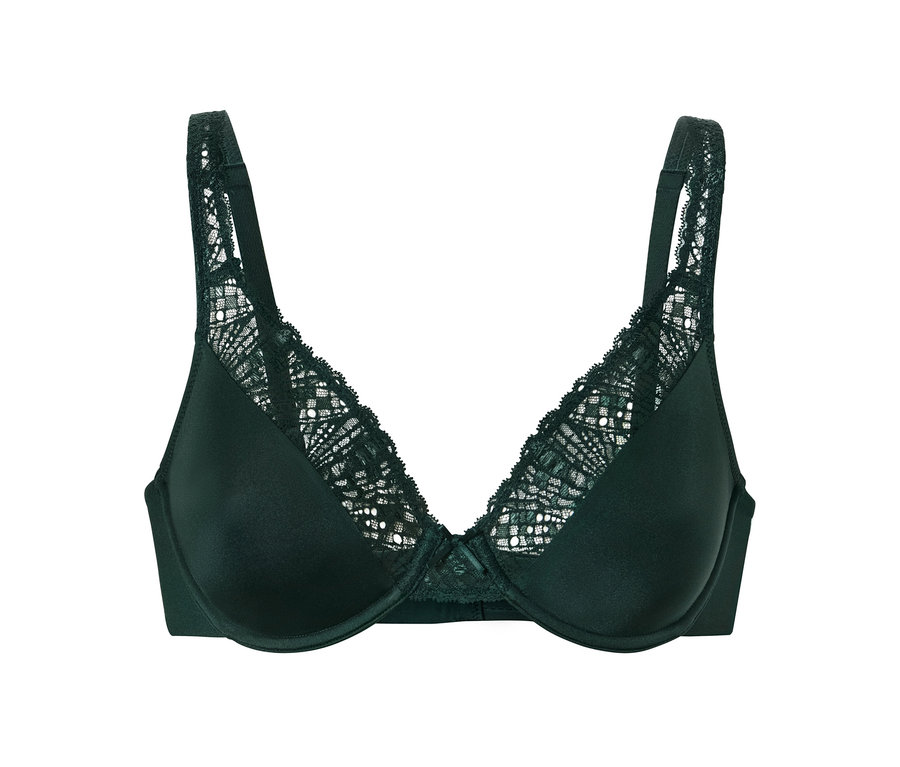 Soutien-gorge à armatures vert foncé avec dentelle sur les bretelles et l'ourlet.
