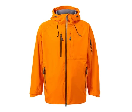 Veste de ski hardshell orange sur fond blanc.