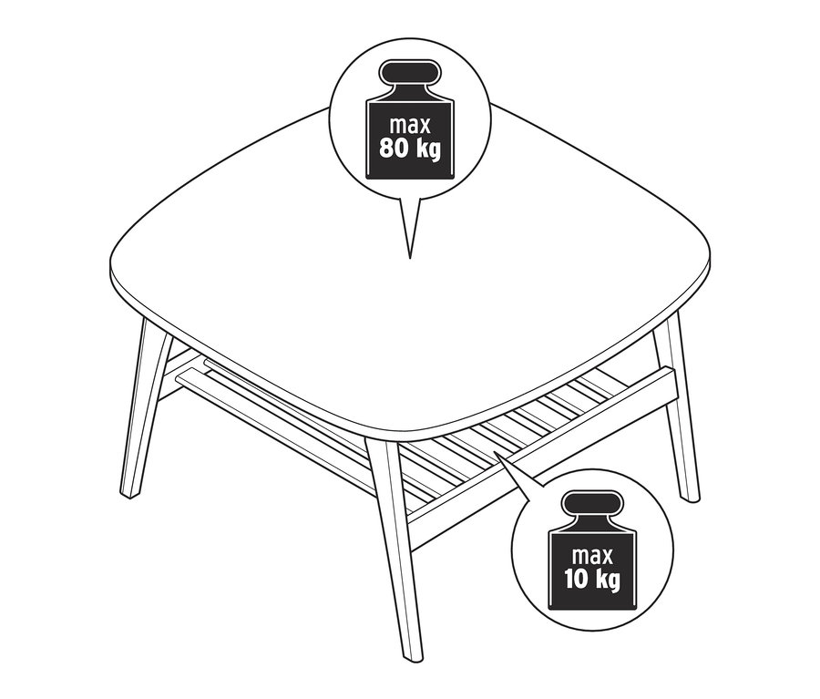 Schéma d'une grande table basse avec une capacité de charge maximale de 80 kg sur le dessus et de 10 kg sur l'étagère inférieure.