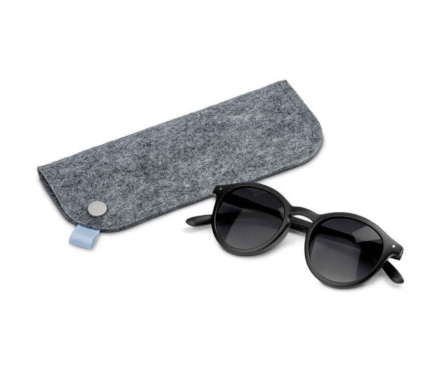 Lunettes de soleil noires et étui gris.