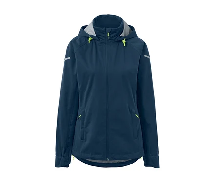 Veste imperméable cycliste bleue avec capuche et réflecteurs.