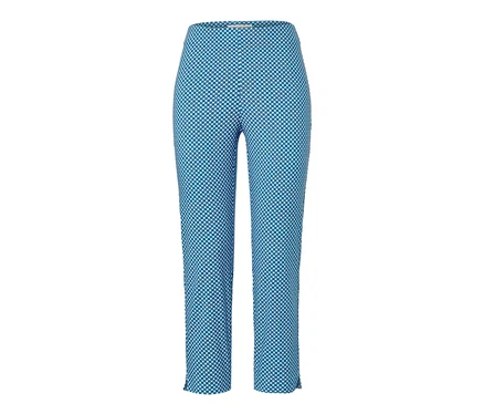 Pantalon stretch 7/8 bleu avec imprimé intégral.