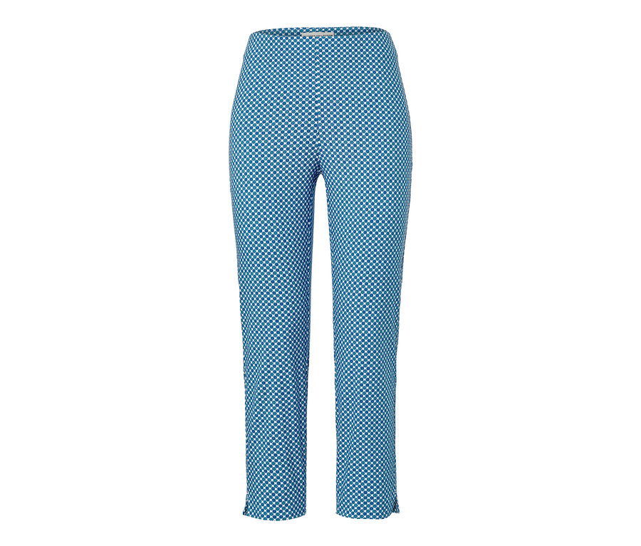 Pantalon stretch 7/8 bleu avec imprimé intégral.