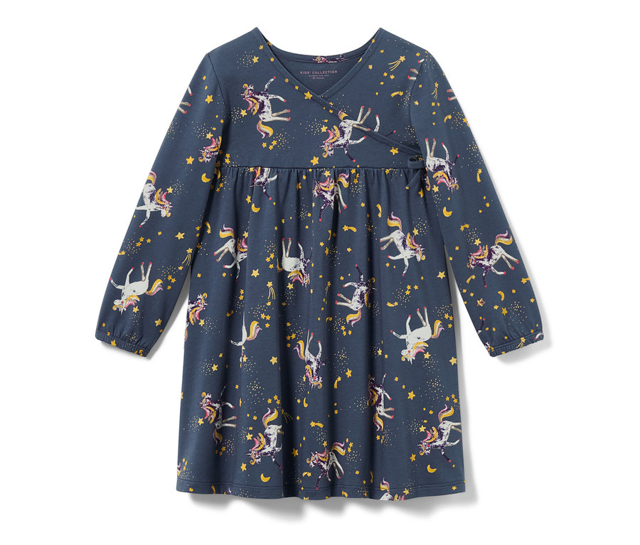 Robe en jersey bleue pour enfant avec des motifs de licornes et d'étoiles.
