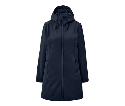 Manteau en softshell bleu foncé avec capuche.