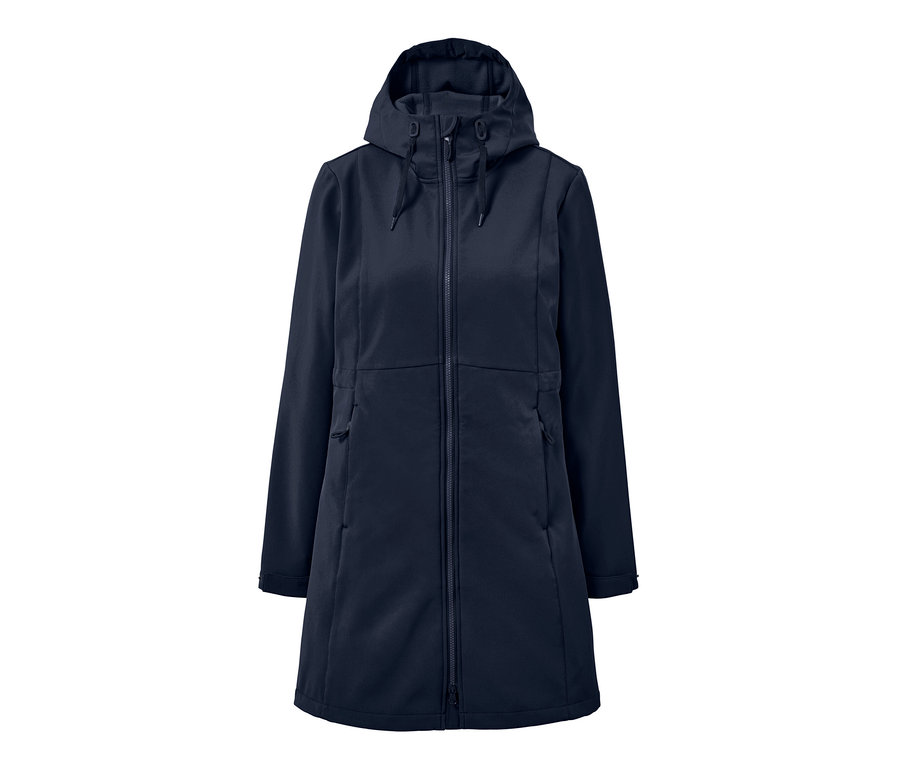 Manteau en softshell bleu foncé avec capuche.